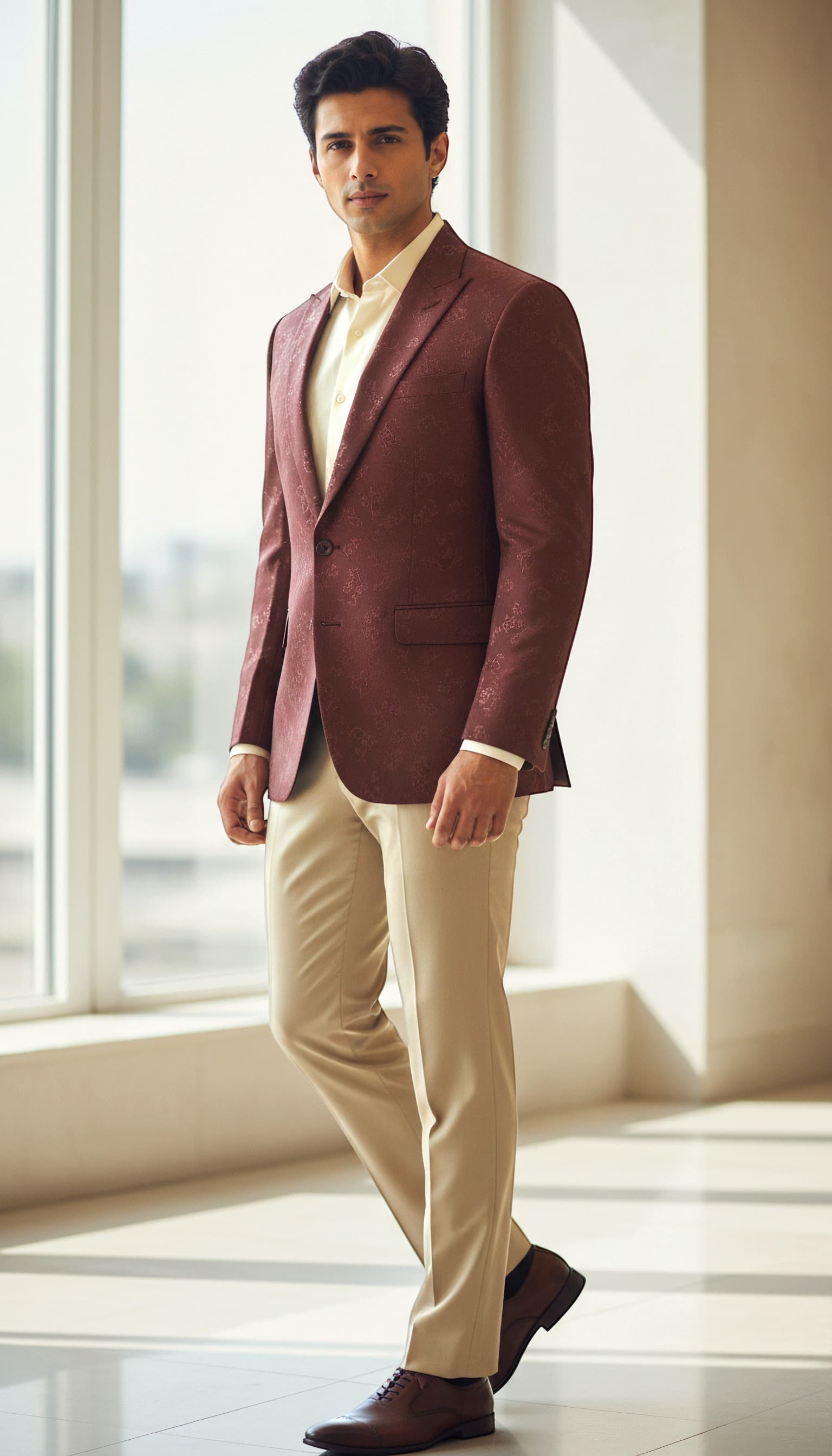 Burgundy Patterned Blazer for Men in Maroon embossed print