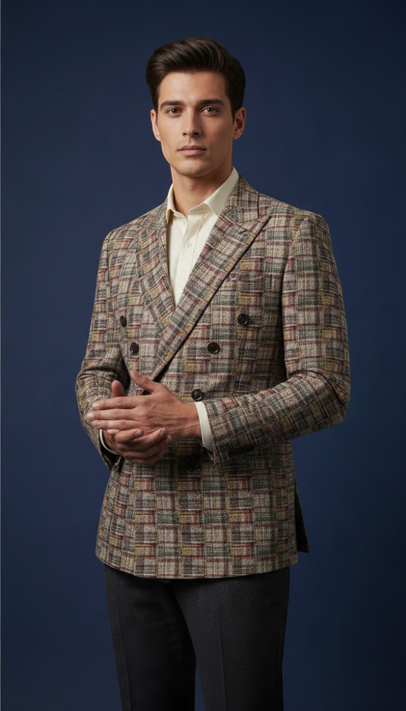 Premium Multicolour Check Double-Breasted Blazer — image 1